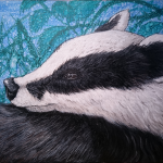 Badger portrait, in Acrylic paint, Indian ink and Prismacolour pencils on canvas.